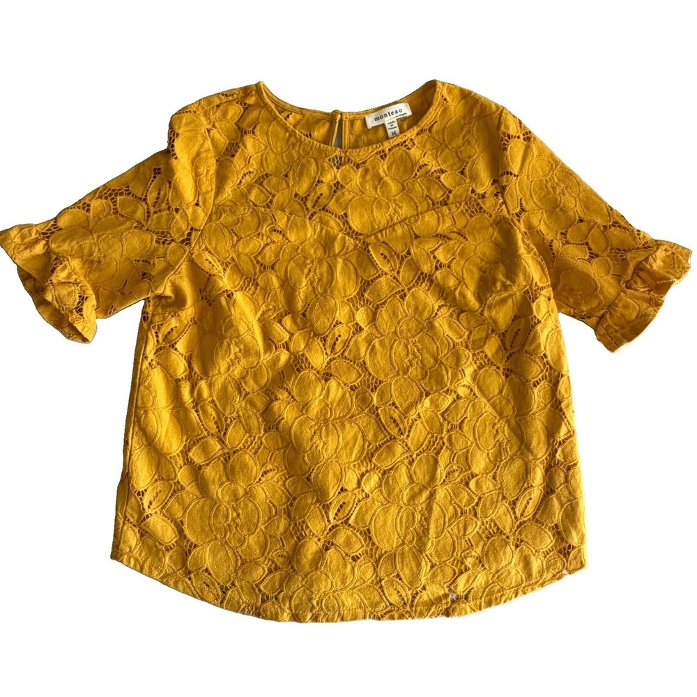 Monteau Mustard Yellow Floral Lace Top M•Boho Prairie Chic Embroidered Ruffles